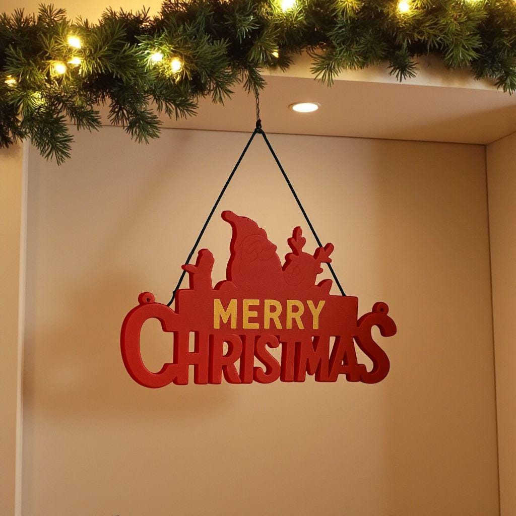 Red Christmas Sign | Santa & Reindeer, Holiday Wall Decor
