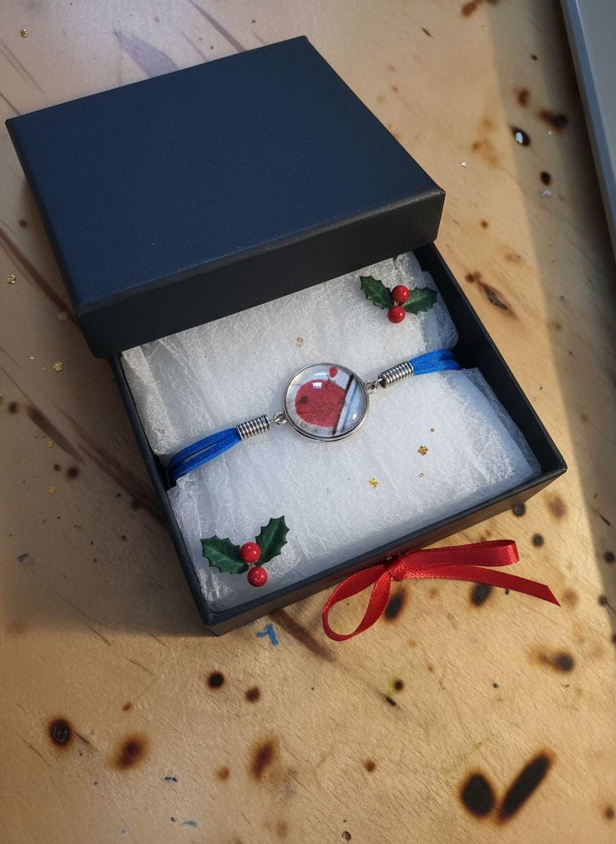 Handmade Red Cardinal Resin Charm Bracelet, Blue Fabric Wrap, Holiday Jewelry