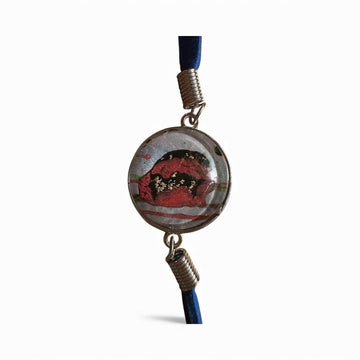 Handmade Gold Leaf Resin Bracelet, Red Abstract Art, Blue Cord