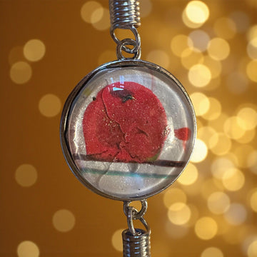 Handmade Red Cardinal Resin Charm Bracelet, Blue Fabric Wrap, Holiday Jewelry