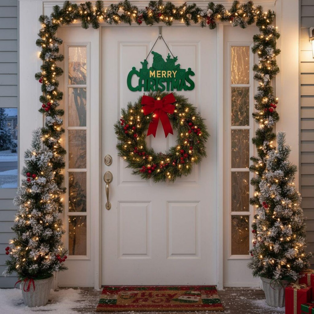 Merry Christmas Wall Hanging Sign, Green Holiday Door Decor with Santa Reindeer, Festive Christmas Wall Art, Farmhouse Christmas Decoration