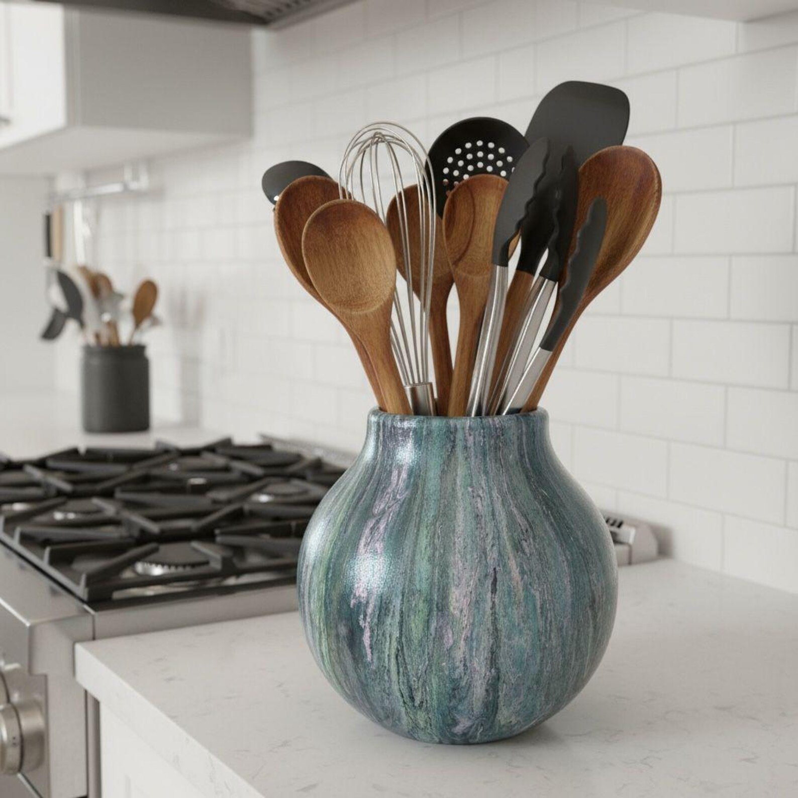 Handmade Iridescent Resin Vase, Teal Silver Purple Swirls