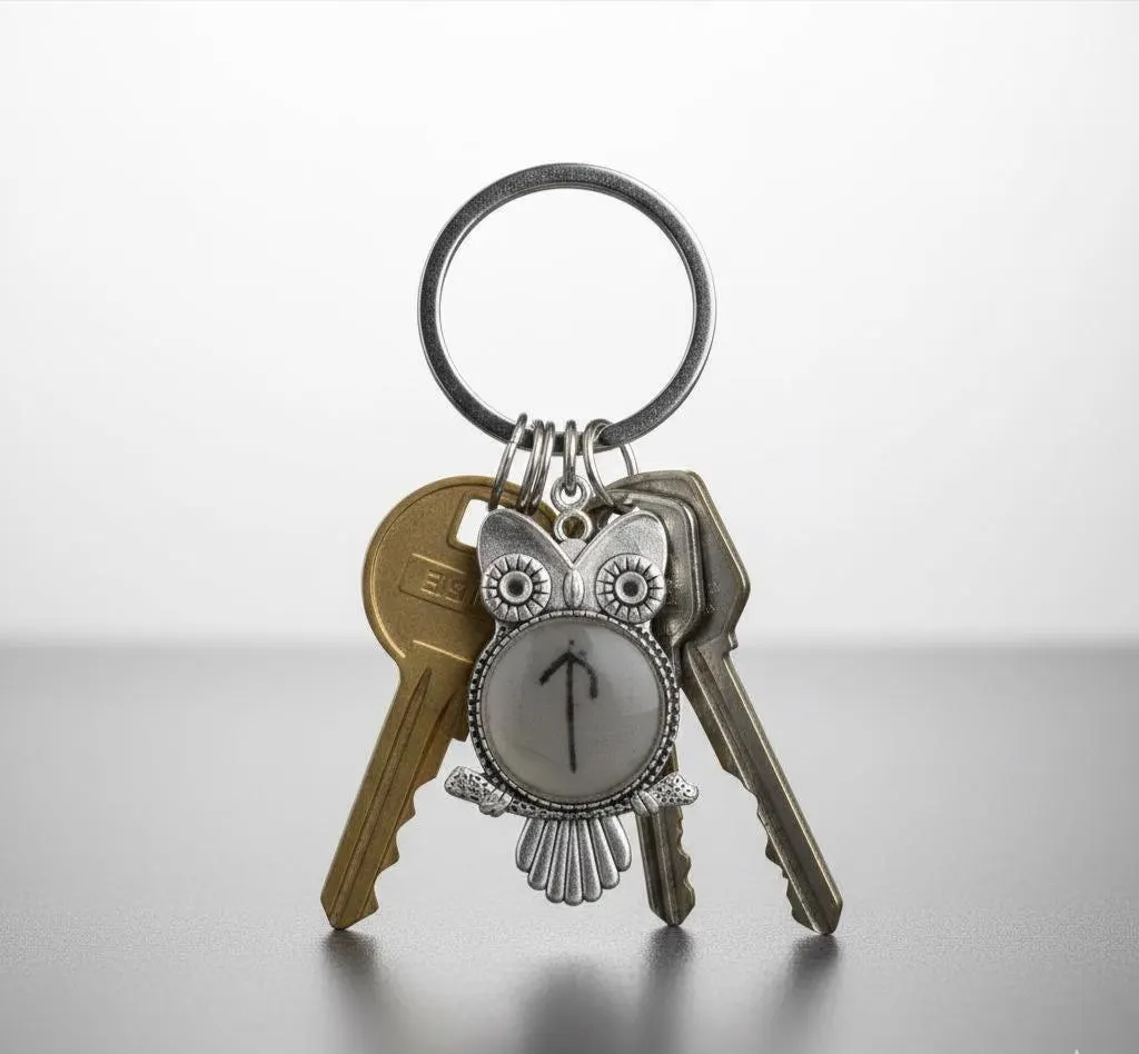 Tiwaz Rune Owl Keychain, Viking Courage Symbol, Concrete Resin Norse Charm, Wisdom Protection Jewelry, Handmade Owl Pendant Gift