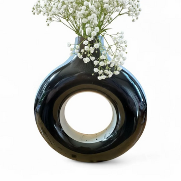 Handmade Black Resin Donut Vase, Modern Concrete Sculpture