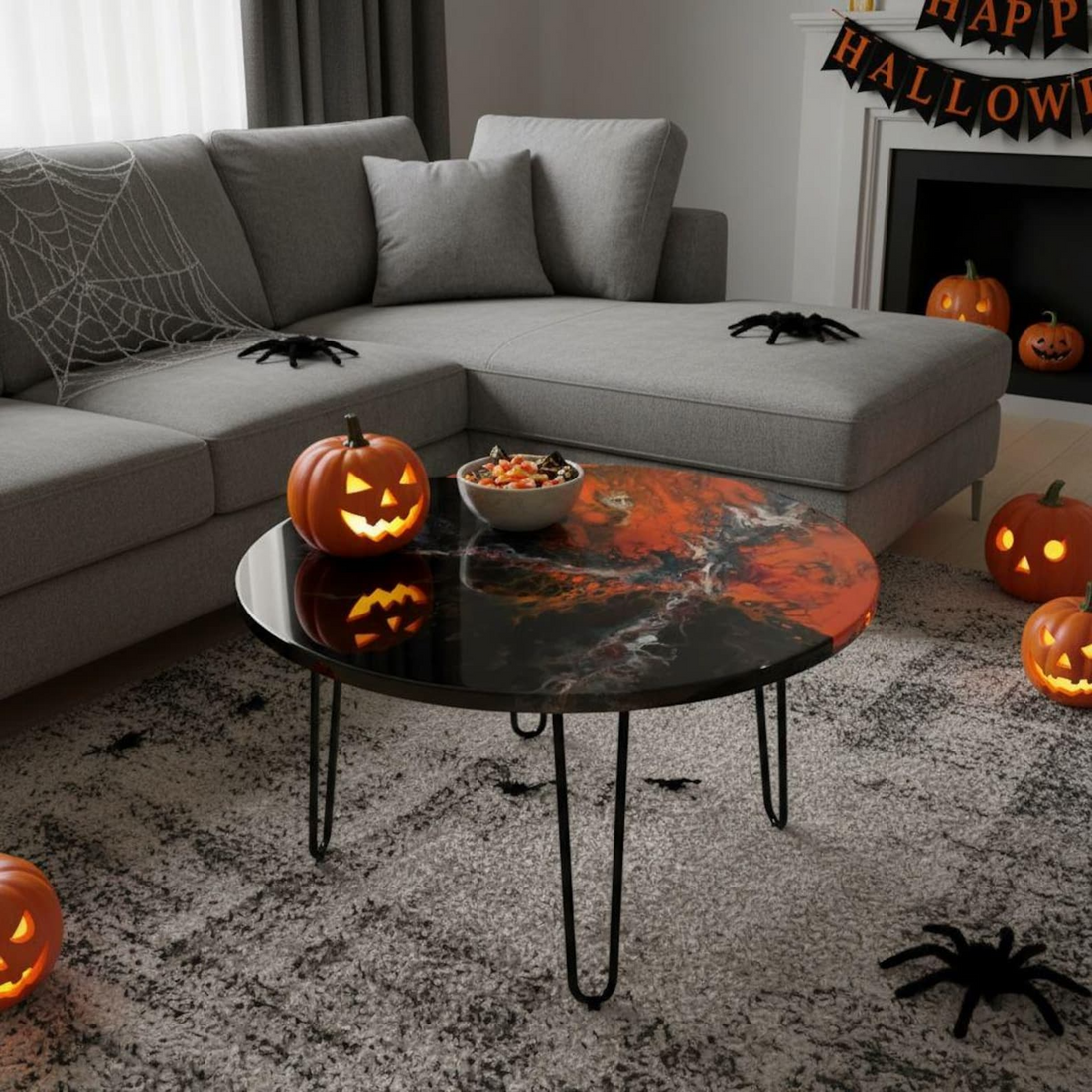 Handmade Halloween Resin Table, Black Orange Swirl Art Tabletop, Spooky Home Decor, Modern Candy Dish, Pumpkin Party Centerpiece