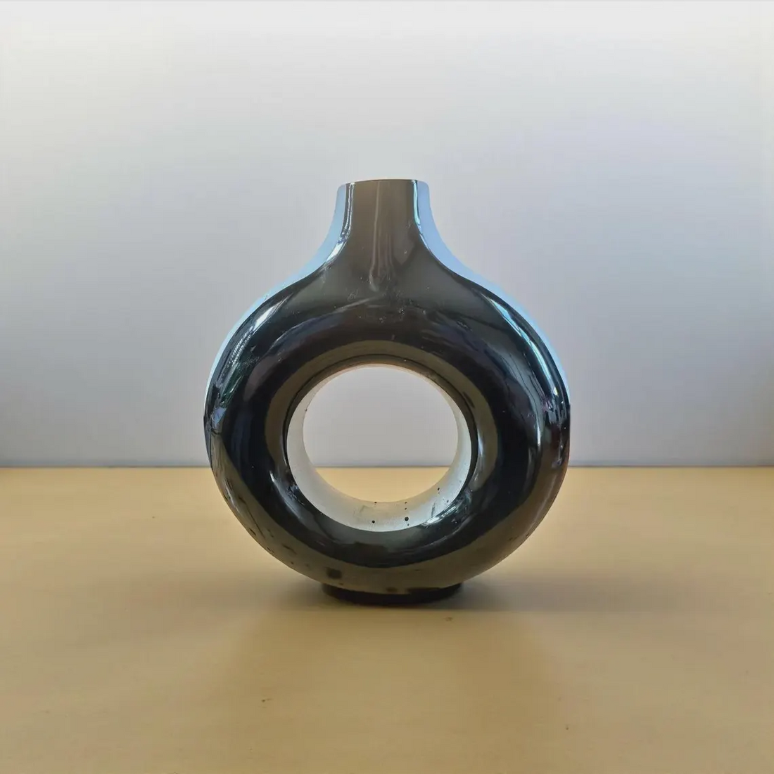 Handmade Black Resin Donut Vase, Modern Concrete Sculpture