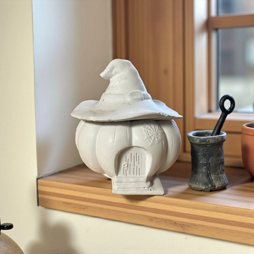 Handmade Concrete Pumpkin House: Witch Hat Lid, Halloween Decor