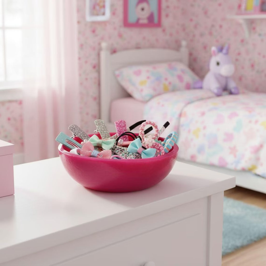 Handmade Hot Pink Resin Bowl, Modern Kids Room Organizer