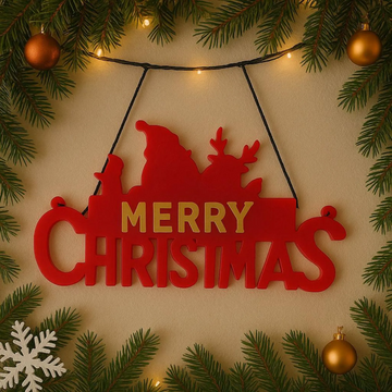 Red Christmas Sign | Santa & Reindeer, Holiday Wall Decor