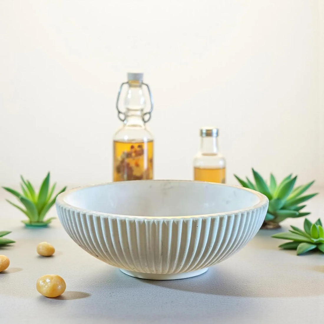 Handmade Concrete Bowl: Modern Fluted Centerpiece