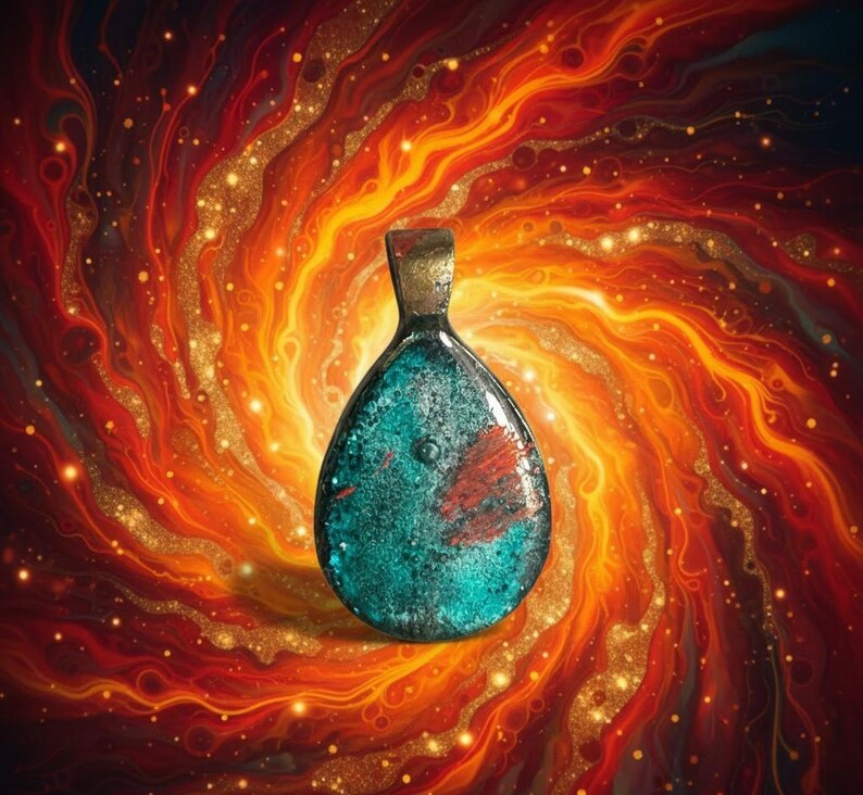 Teal Copper Resin Pendant, Abstract Teardrop Necklace, Handmade Boho Jewelry