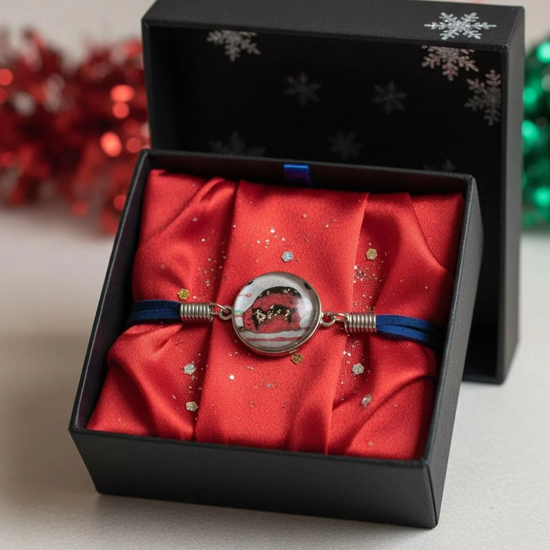 Resin Bracelet Gold Leaf Red Abstract, Unique Artistic Jewelry Blue Cord, Modern Minimalist Eco-Friendly Gift Her Christmas Cat