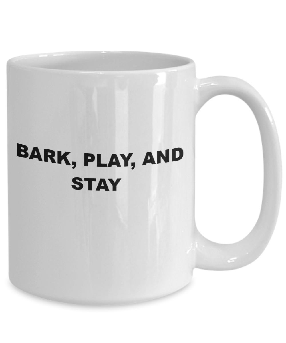 bark play and stay dog training gift coffee mug