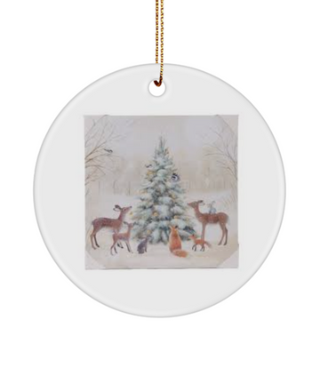 woodland animals around a christmas tree heart touching merry christmas ornament holidays gift